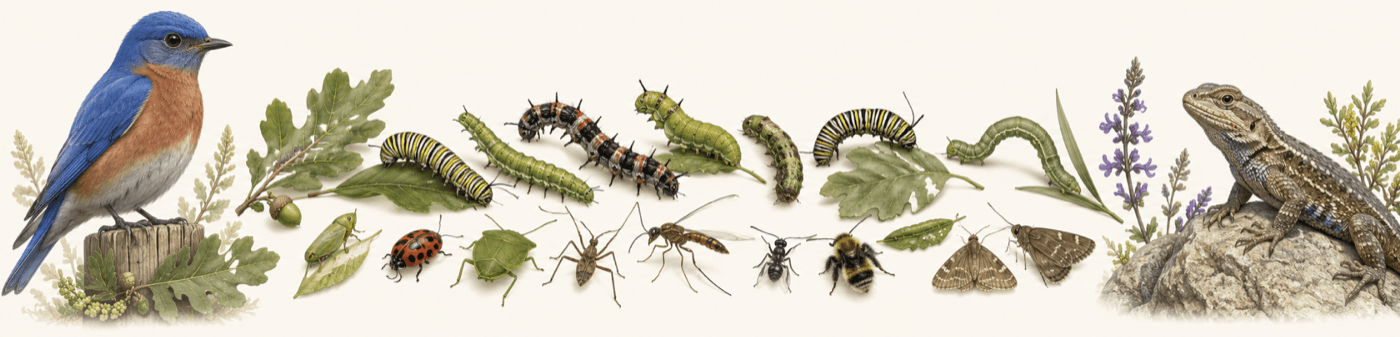 Illustrated banner of native wildlife supporting a local food web: a bluebird, caterpillars, a ladybug, a bee, moths, and a lizard among native plants.