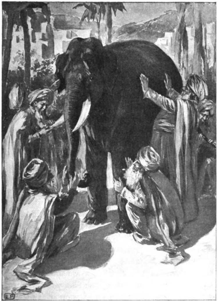 Blind men in robes and turbans examine an elephant: one holds a tusk, one crouches at the trunk, one kneels and grips a leg, and two stand at its side with raised hands pressed against its flank