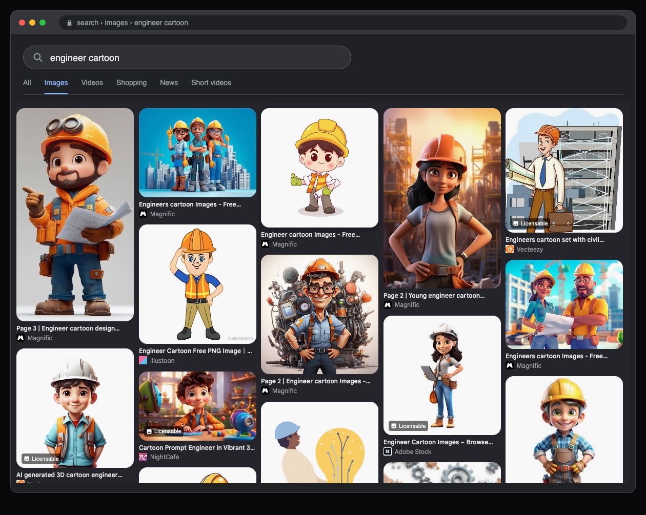 A browser window showing an image search for "engineer cartoon": a grid of smiling cartoon figures, nearly every one in a hard hat and safety vest, holding blueprints in front of building sites